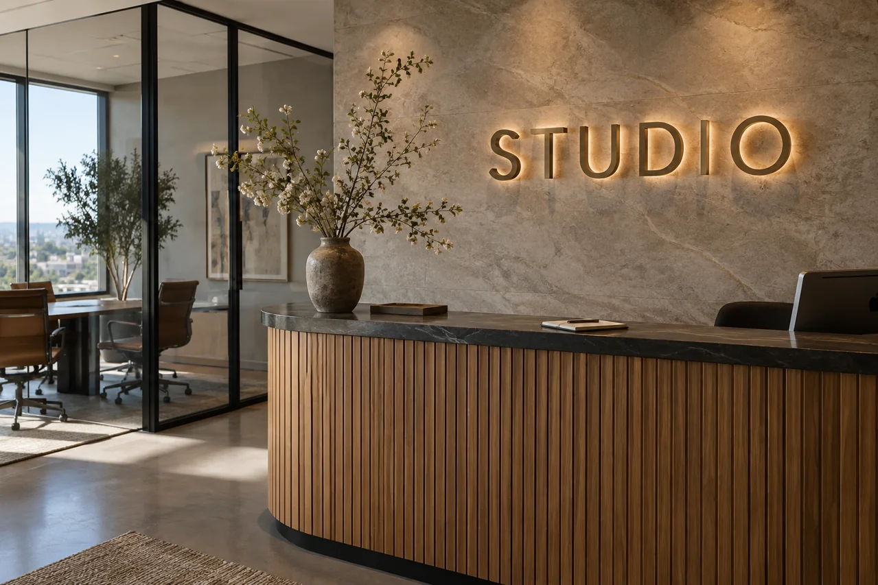 Satin brass dimensional lettering design direction in a contemporary reception