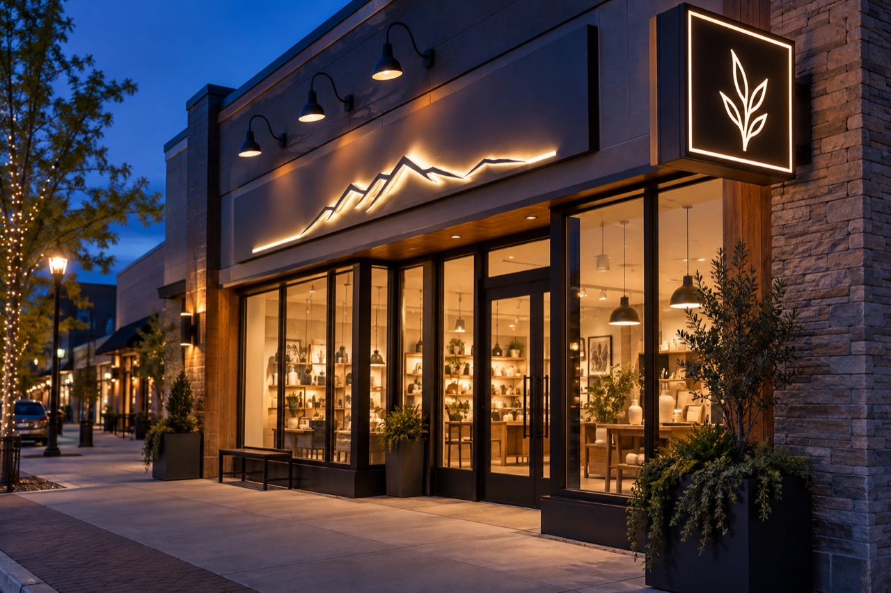 Evening illuminated storefront sign direction