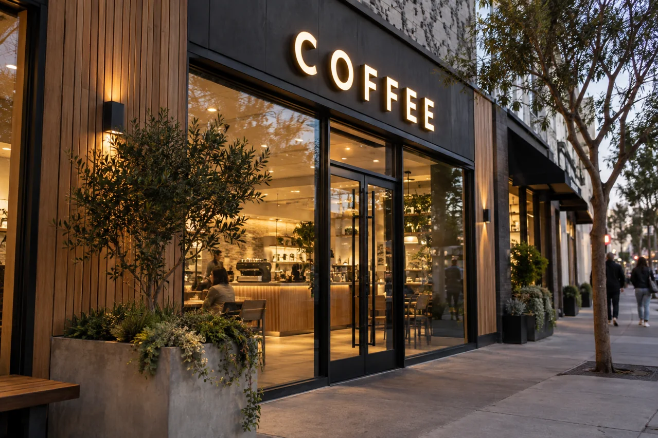 Illuminated channel lettering design direction on a contemporary cafe storefront