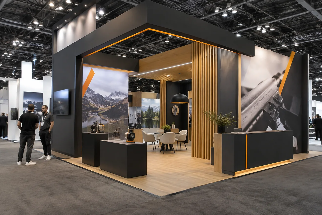 Contemporary exhibit design direction with an overhead frame and product display areas