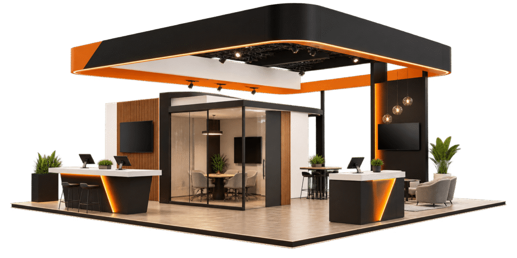 3D design of an orange and black island trade show booth