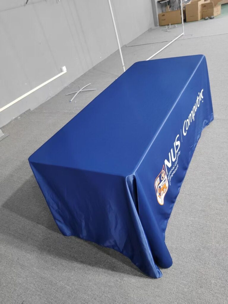 Blue custom table cover with logo