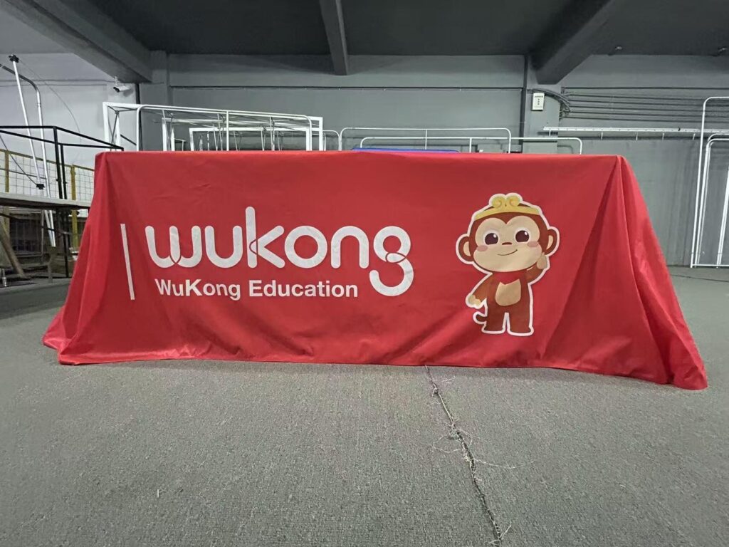 Red table cover with full-color logo