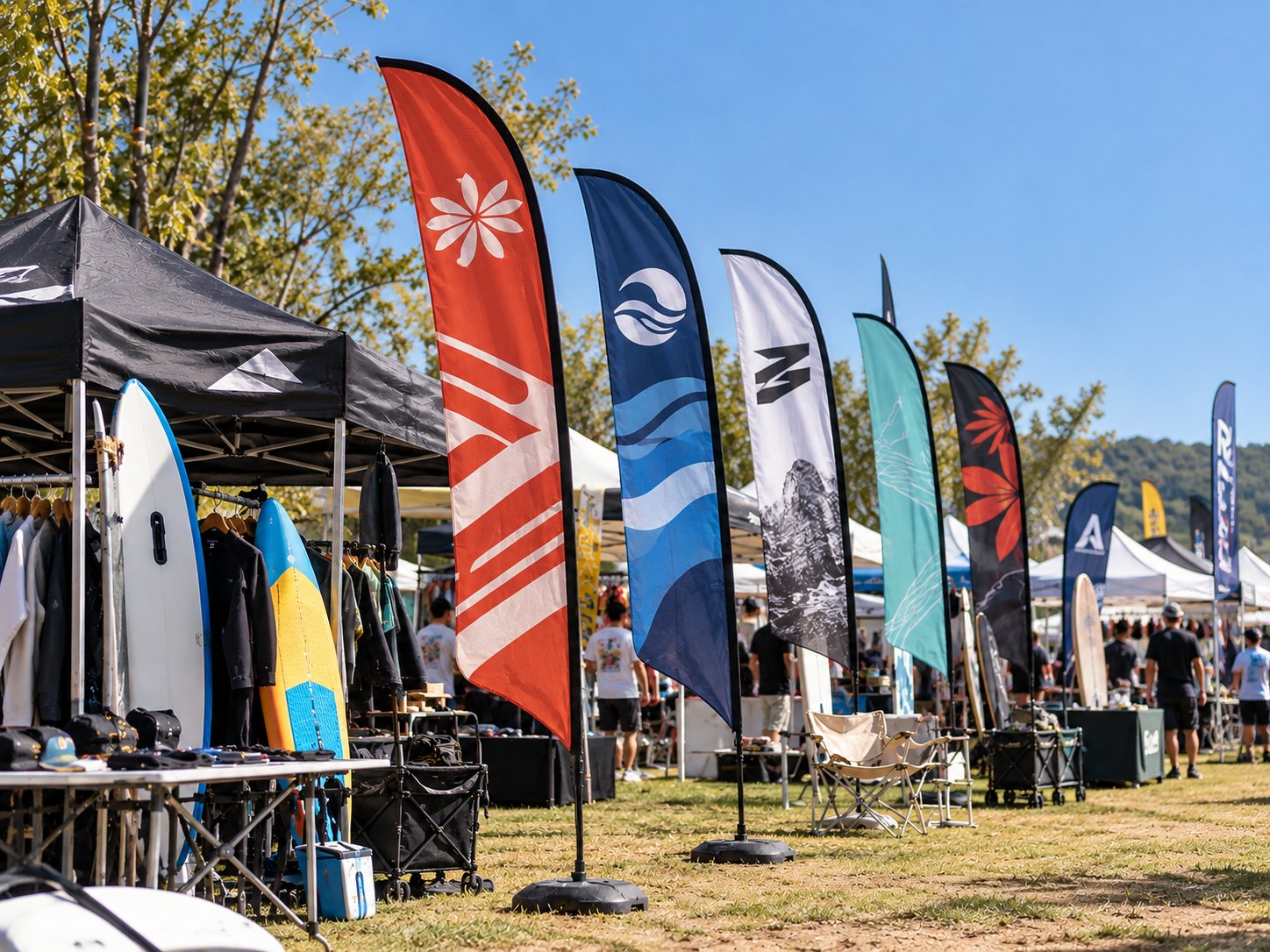 Custom feather flags lined up at an outdoor festival