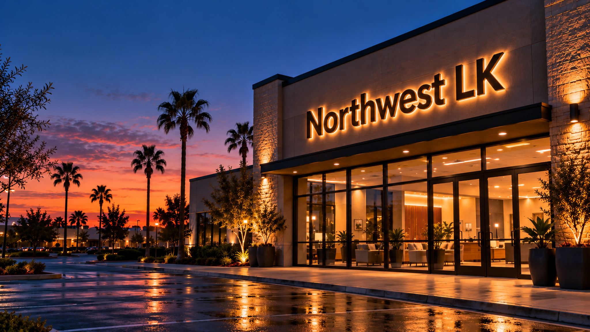 Northwest LK halo-lit channel letter sign glowing on a storefront at dusk