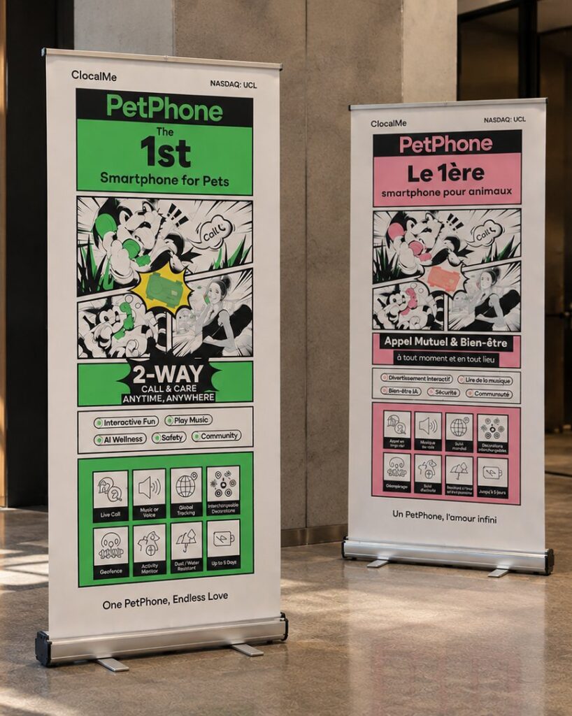 Two custom retractable banner stands in an office lobby