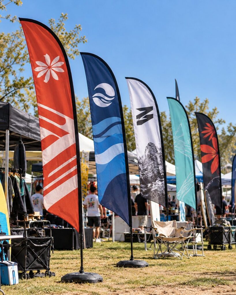 Row of custom feather flags at an outdoor festival